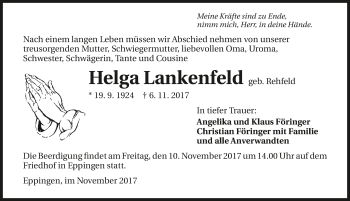 Traueranzeige von Helga Lankenfeld 