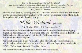 Traueranzeige von Hilde Wieland 