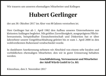 Traueranzeige von Hubert Gerlinger 