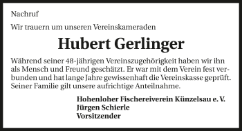 Traueranzeige von Hubert Gerlinger 
