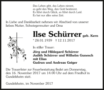 Traueranzeige von Ilse Schürrer 