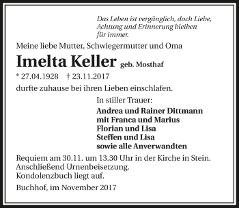 Traueranzeige von Imelta Keller 