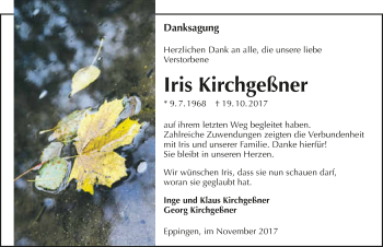 Traueranzeige von Iris Kirchgeßner 