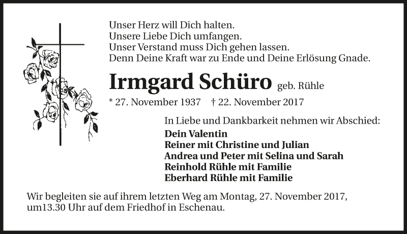  Traueranzeige für Irmgard Schüro vom 25.11.2017 aus 