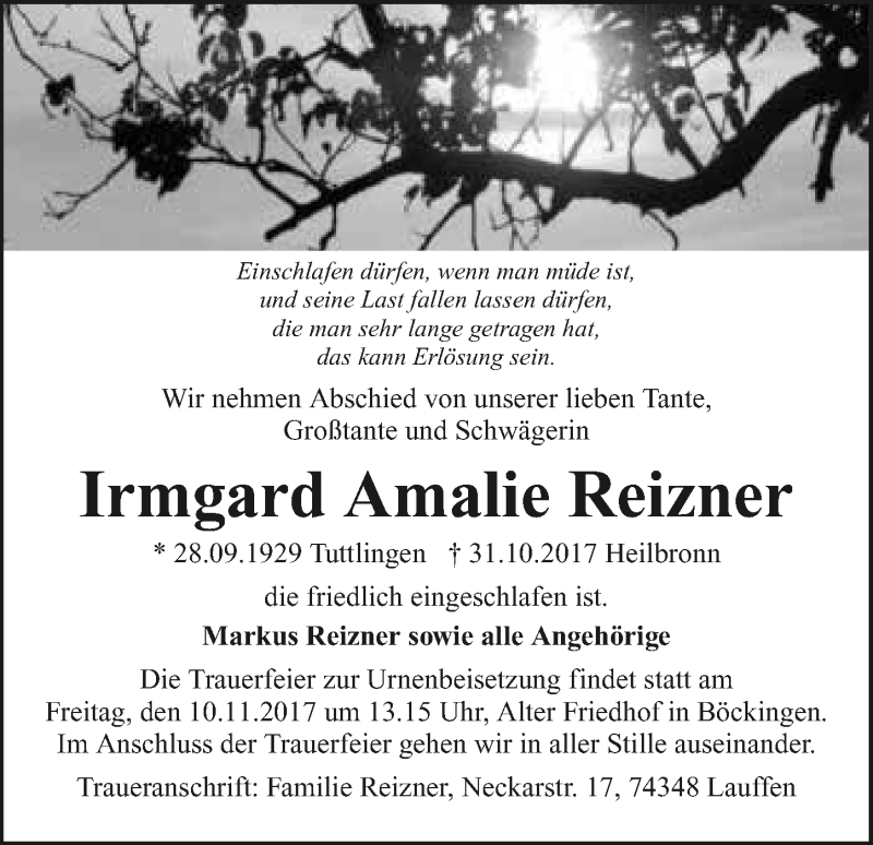  Traueranzeige für Irmgard Amalie Reizner vom 04.11.2017 aus 