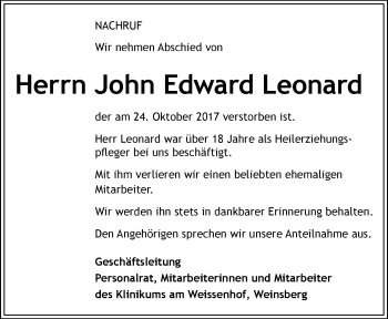 Traueranzeige von John Edward Leonard 