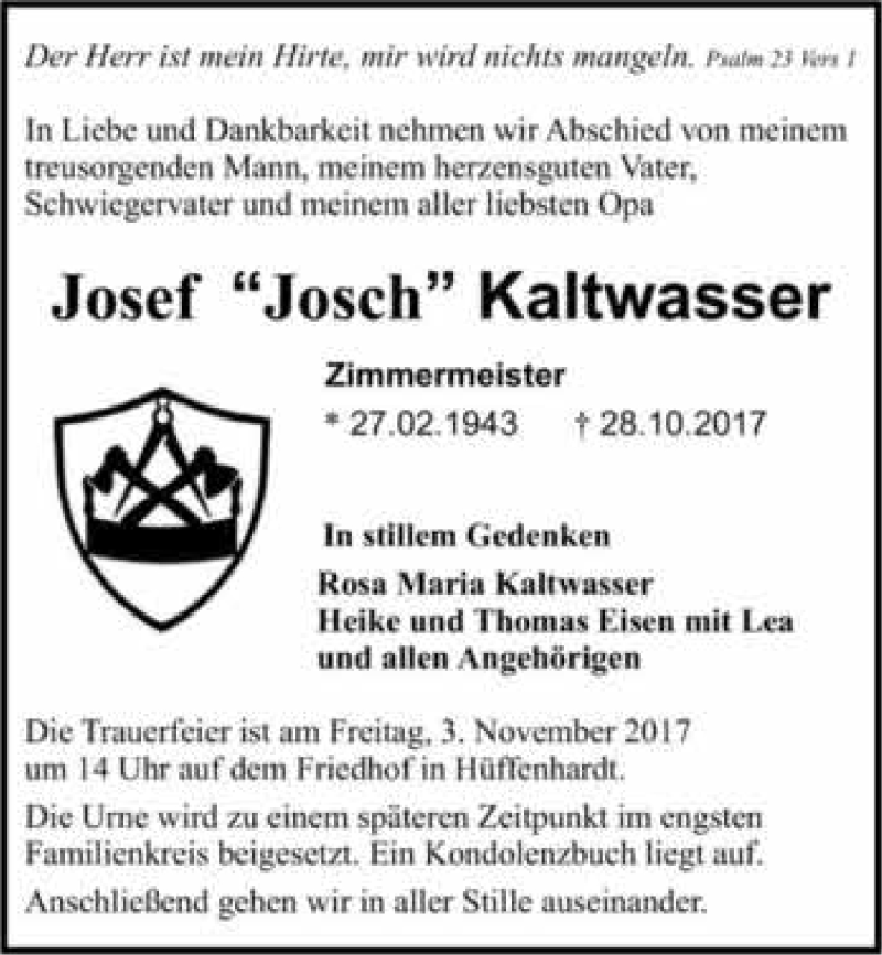  Traueranzeige für Josef Kaltwasser vom 02.11.2017 aus 