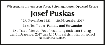 Traueranzeige von Josef Puskas 