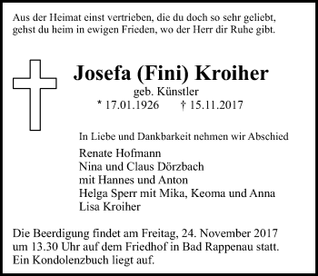 Traueranzeige von Josefa Kroiher 