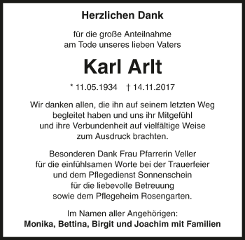 Traueranzeige von Karl Arlt 