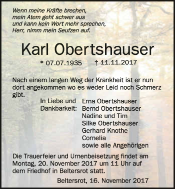 Traueranzeige von Karl Obertshauser 