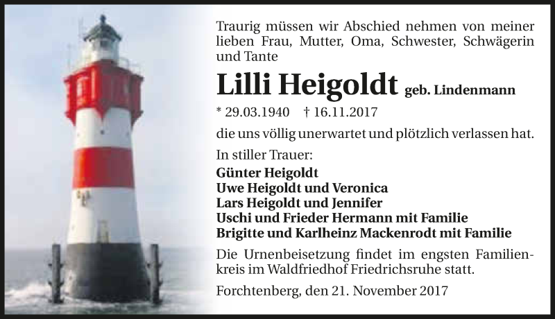  Traueranzeige für Lilli Heigoldt vom 21.11.2017 aus 