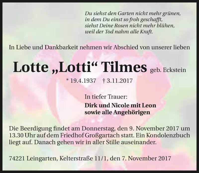  Traueranzeige für Lotte Tilmes vom 07.11.2017 aus 