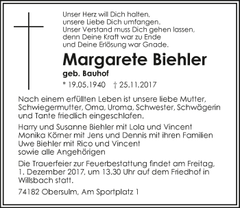 Traueranzeige von Margarete Bieler 