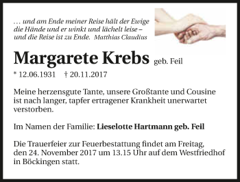 Traueranzeige von Margarete Krebs 