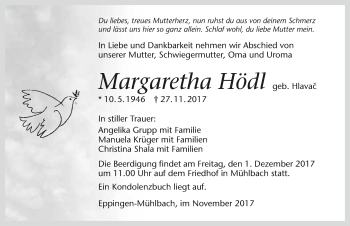 Traueranzeige von Margaretha Hödl 