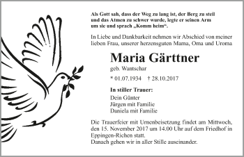 Traueranzeige von Maria Gärttner 