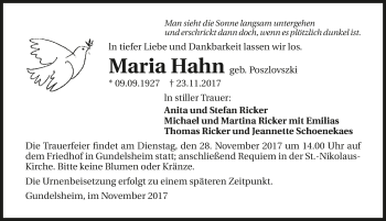 Traueranzeige von Maria Hahn 