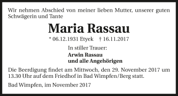 Traueranzeige von Maria Rassau 