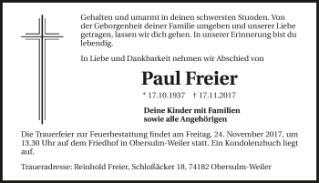 Traueranzeige von Paul Freier 