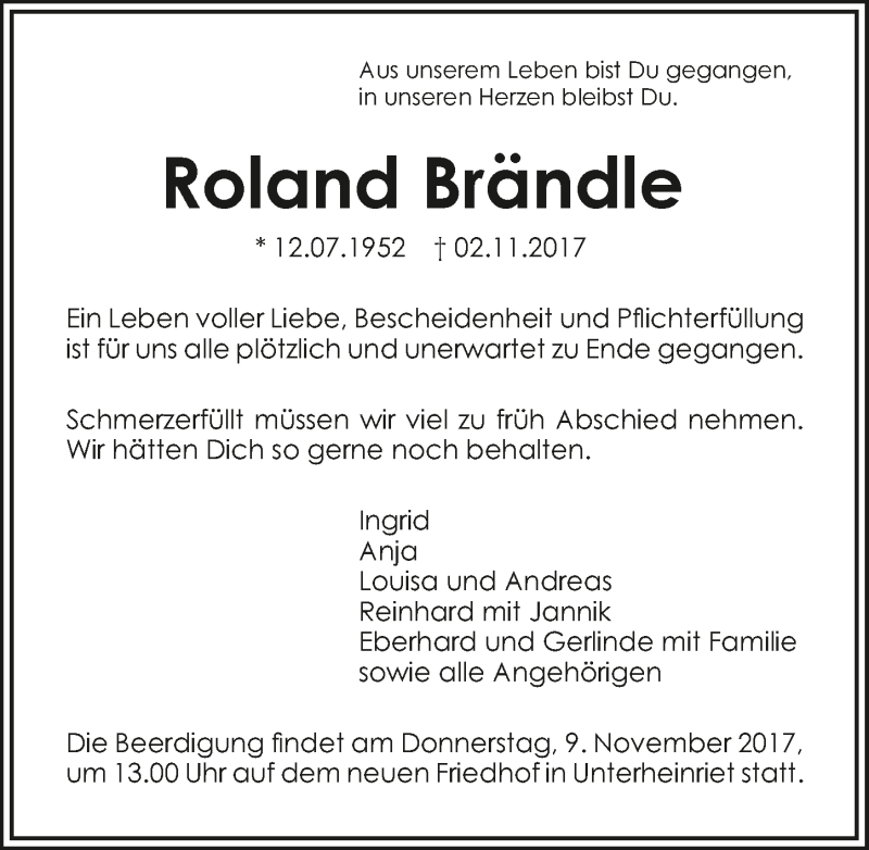  Traueranzeige für Roland Brändle vom 04.11.2017 aus 
