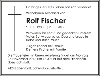 Traueranzeige von Rolf Fischer 
