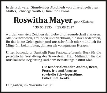 Traueranzeige von Roswitha Mayer 