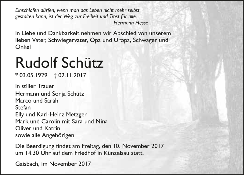  Traueranzeige für Rudolf Schütz vom 07.11.2017 aus 