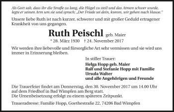 Traueranzeige von Ruth Peischl 