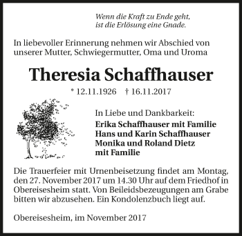 Traueranzeige von Theresia Schaffhauser 