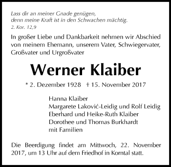 Traueranzeige von Werner Klaiber 