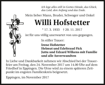 Traueranzeige von Willi Hofstetter 