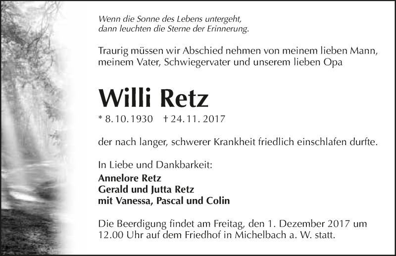  Traueranzeige für Willi Retz vom 28.11.2017 aus 