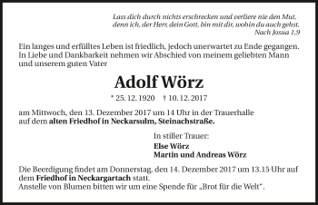 Traueranzeige von Adolf Wörz 