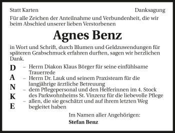 Traueranzeige von Agnes Benz 