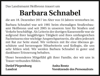 Traueranzeige von Barbara Schnabel 