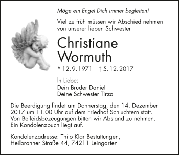 Traueranzeige von Christiane Wormuth 