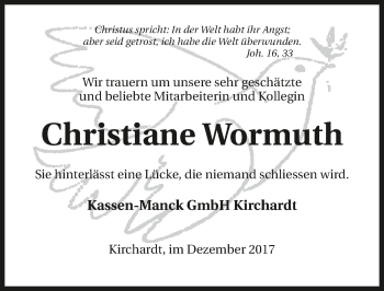 Traueranzeige von Christiane Wormuth 