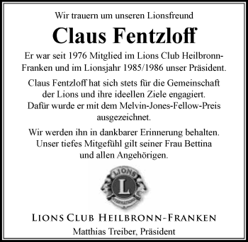 Traueranzeige von Claus Fentzloff 