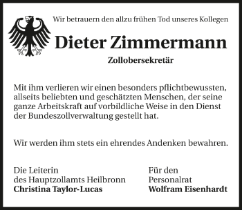 Traueranzeige von Dieter Zimmermann 