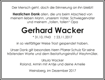 Traueranzeige von Gerhard Wacker 