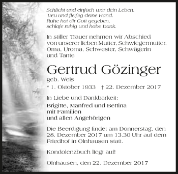 Traueranzeige von Gertrud Gözinger 