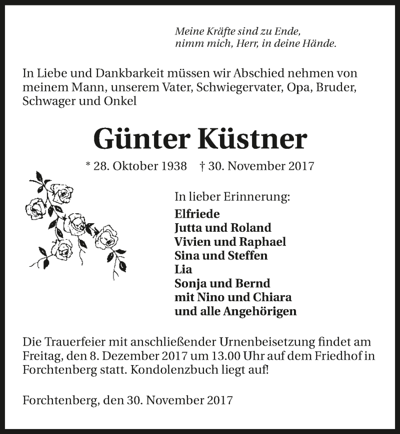 Traueranzeige für Günter Küstner vom 05.12.2017 aus 
