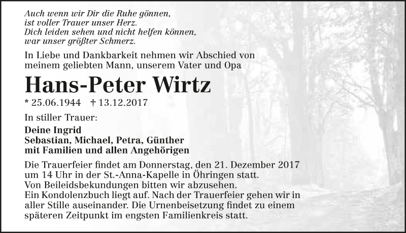  Traueranzeige für Hans-Peter Wirtz vom 16.12.2017 aus 