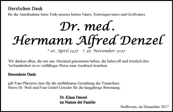 Traueranzeige von Hermann Alfred Denzel 