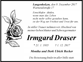 Traueranzeige von Irmgard Draser 