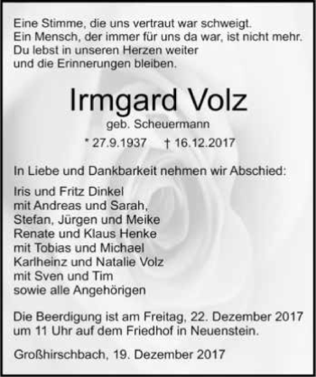 Traueranzeige von Irmgard Volz 