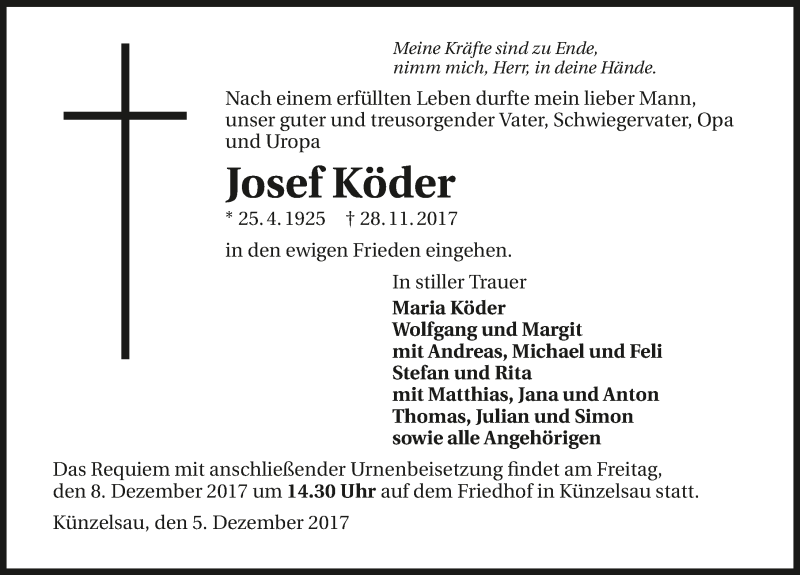 Traueranzeige für Josef Köder vom 05.12.2017 aus 