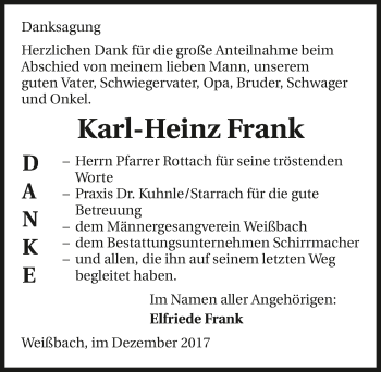 Traueranzeige von Karl-Heinz Frank 