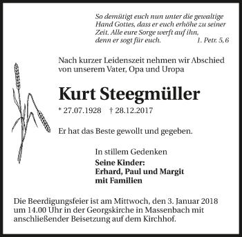 Traueranzeige von Kurt Steegmüller 